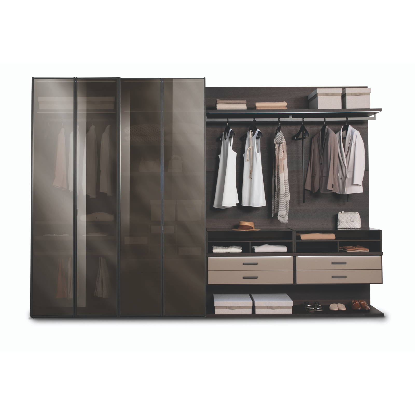 Ad Hoc night system is a tailor-made wardrobe and walk-in closet system which allows  everyone to be free to design his own individual space, creating around an intimate and elegant surrounding. Every single detail is customizable.
