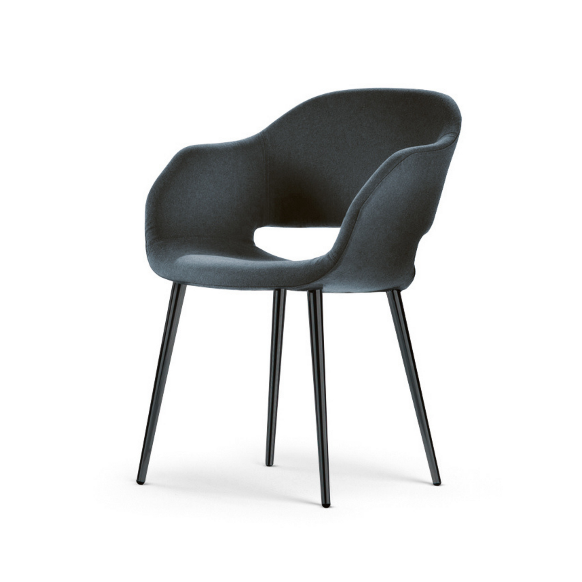 Charme armchair is characterized by an embracing volume. Upholstered in fabric or leather. Removable cover. Metal structure in metal coloured finishes or matt lacquered finishes.